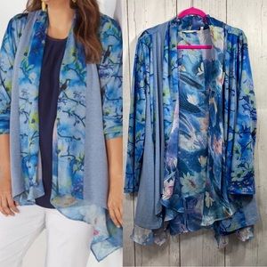Soft Surroundings Womens Floral Tea Gardens Topper Blue Open Front Cardigan